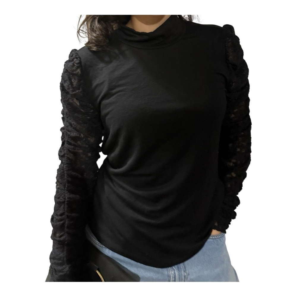 Anthropologie Black Ruched Mandarin Collar Blouse
